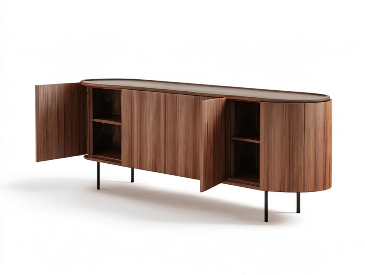 Oval Walnut Veneer MDF TV Stand, 70.9 x 15.7 x 21.7 in, 4 Curved Doors, Black Steel Legs