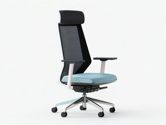 Ergonomic Swivel Office Chair with Adjustable Headrest, Black Mesh Back, Light Blue Polyester Seat and Silver Base, 26.4 x 26.4 x 46.1-50.0 in