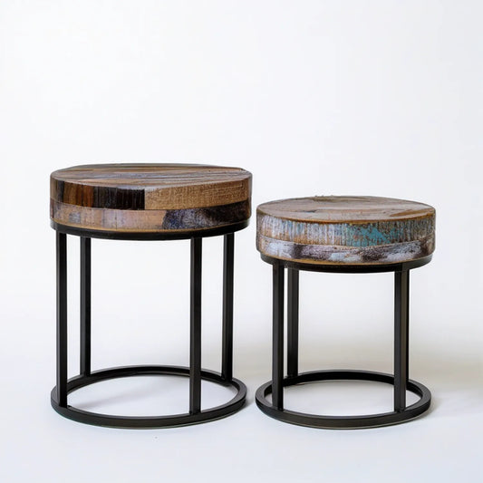 Set of 2 Round Nesting Side Tables, Reclaimed Solid Wood Tops with Black Iron Frames, Brown/Black/Gray/Blue, 18 in x 24 in and 16 in x 20 in
