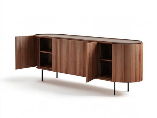 Oval Walnut Veneer MDF TV Stand, 70.9 x 15.7 x 21.7 in, 4 Curved Doors, Black Steel Legs