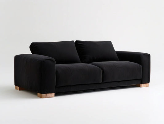 2-Seat Black Polyester Velvet Sofa with Natural Brown Wood Feet, 70.9 x 35.8 x 31.1 in
