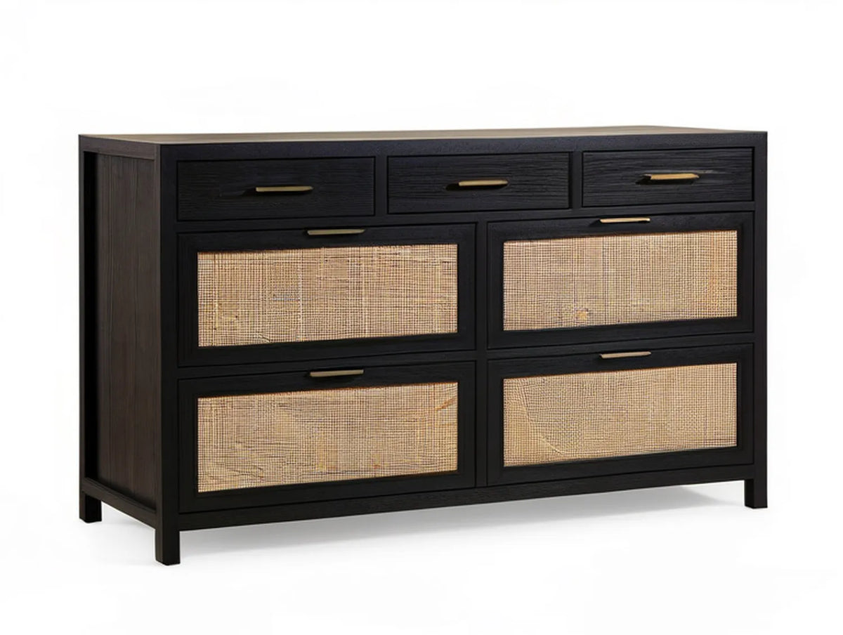 7-Drawer Rubberwood and Rattan Dresser, 60 in W x 18 in D x 34 in H, Black/Natural