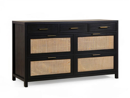 7-Drawer Rubberwood and Rattan Dresser, 60 in W x 18 in D x 34 in H, Black/Natural