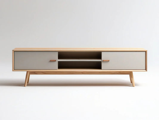 70.9 x 15.7 x 21.7 in Light Natural and White MDF Media Console with Rubberwood Legs