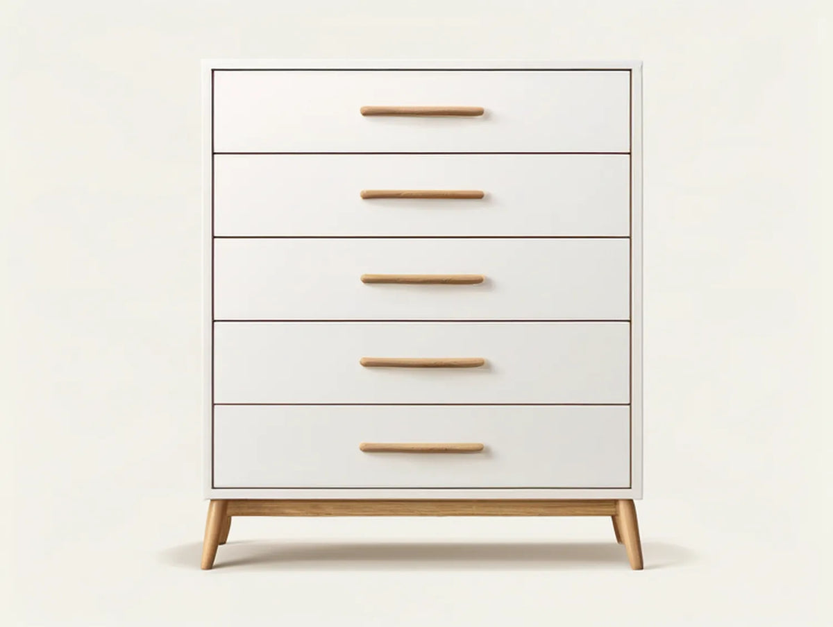5-Drawer White MDF and Rubberwood Dresser, 31.5 x 15.7 x 47.2 in