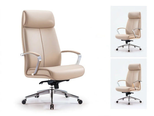 Beige High-Back Executive Office Chair, PU Leather, 26 x 27 x 47-51 in