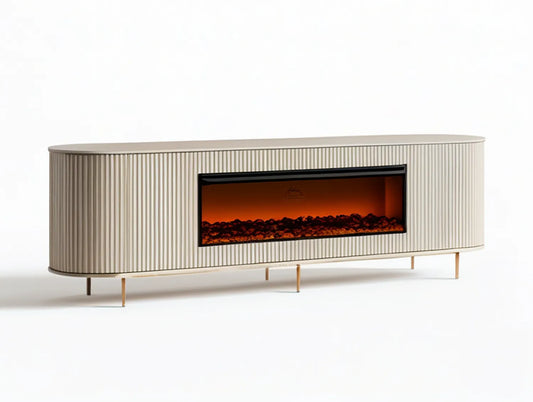 70 x 15.7 x 24 in Fluted MDF TV Stand with Electric Fireplace, Cream/Gold/Black